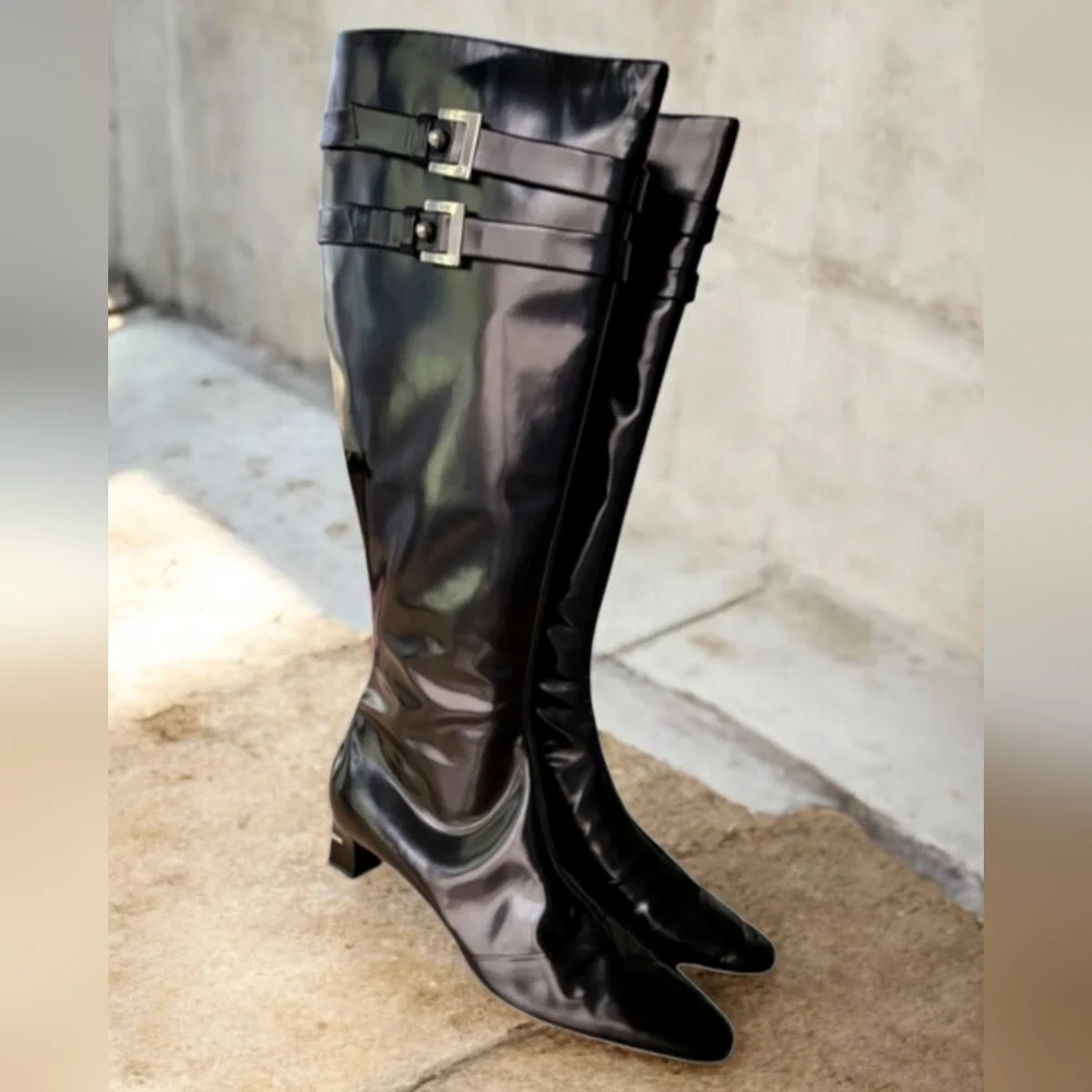 Louis Vuitton Black Patent Knee-High Heeled Boots with Buckle Straps - Picture 1 of 12